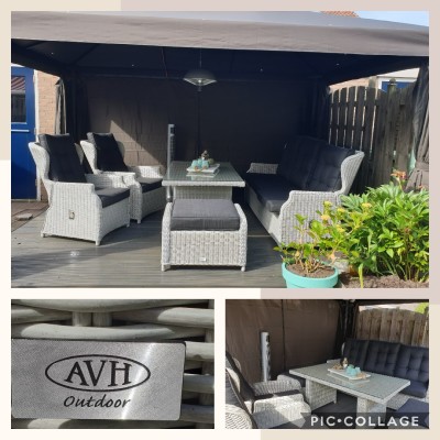 Onze mooie pavilijoentent met het prachtige avh Ibiza dining Lounge set.
