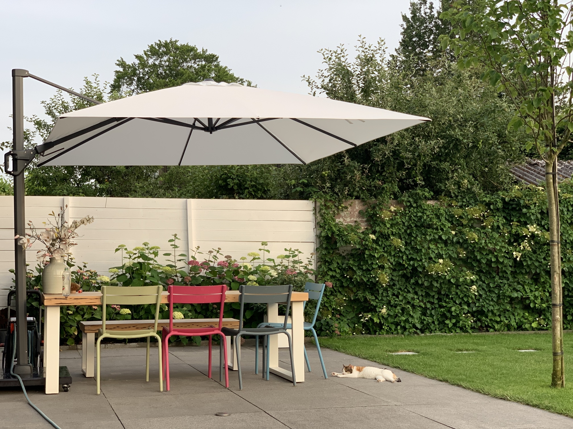 Dankzij de snel geleverde parasol van AHV- outdoor kan onze poes lekker koel chillen met dit warme weer!