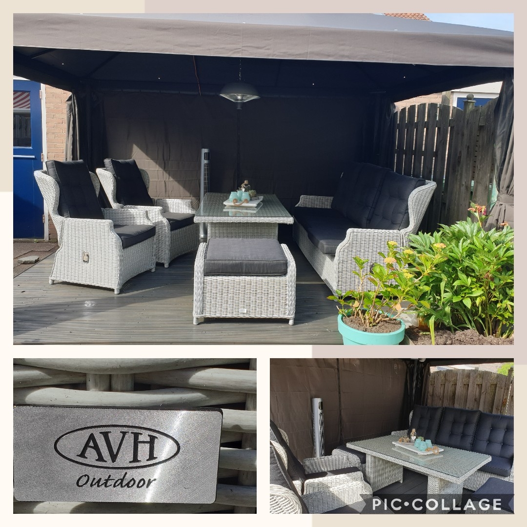 Onze mooie pavilijoentent met het prachtige avh Ibiza dining Lounge set.
