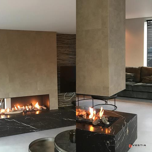 Open gashaardconcept in natuursteen en leer